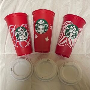 Limited Edition Set of 3 Starbucks Holiday Red Plastic Cups with White Lids